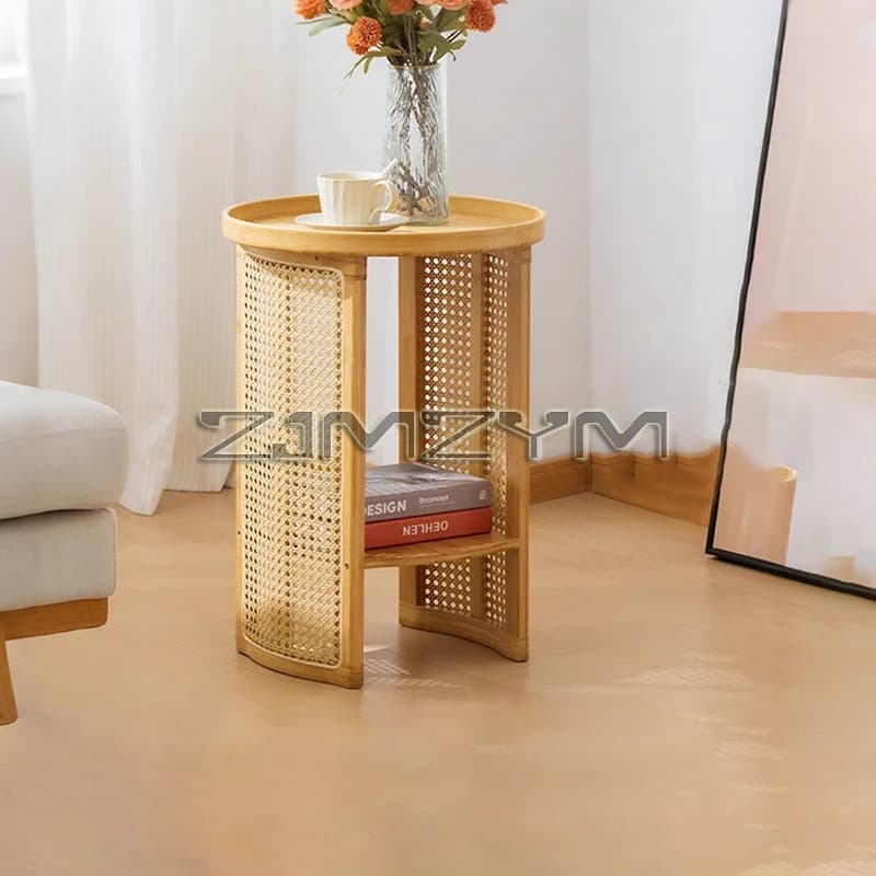 Table d'appoint en rotin, rangement de canapé, bureau d'angle, petite Table basse ronde, bord Double