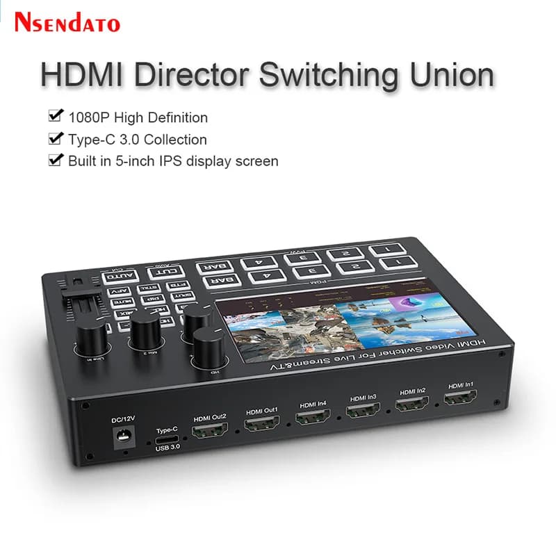 Mélangeur vidéo HDMI 4 canaux pour diffusion en direct avec écran 5 pouces 1080P 60Hz, commutateur v