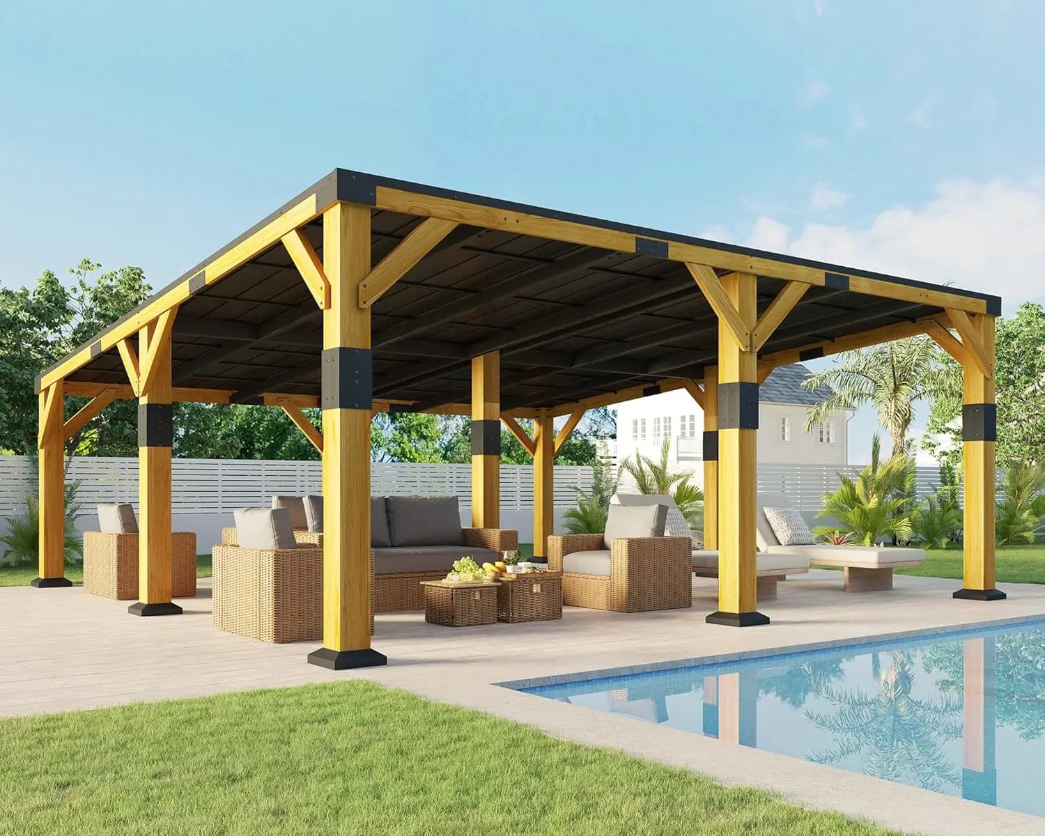 Gazebo en bois de cèdre de 20' x 20' avec toit en acier galvanisé incliné, pavillon à toit rigide av
