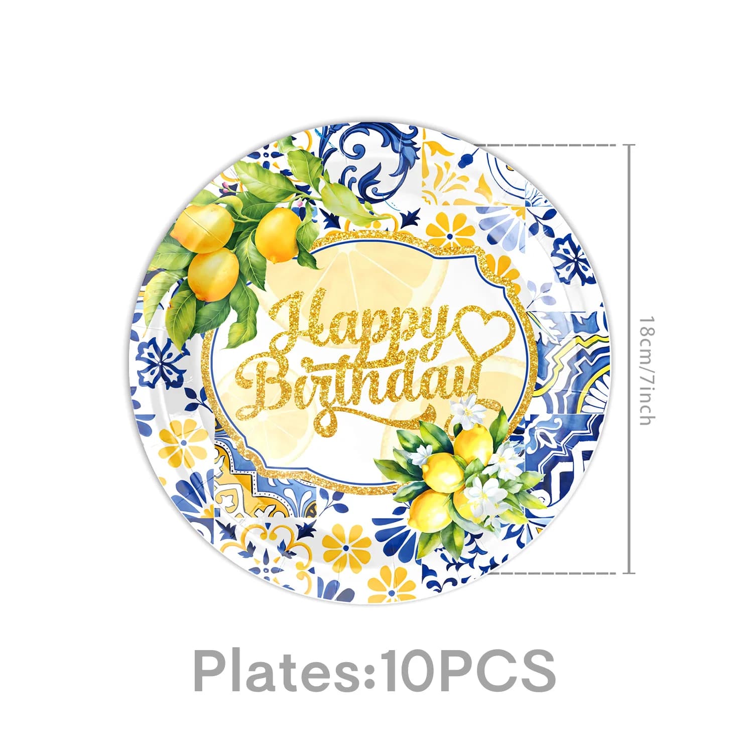 Vaisselle jetable thème citron, assiettes en papier, gobelets, serviettes, nappe, bannière, fruits d