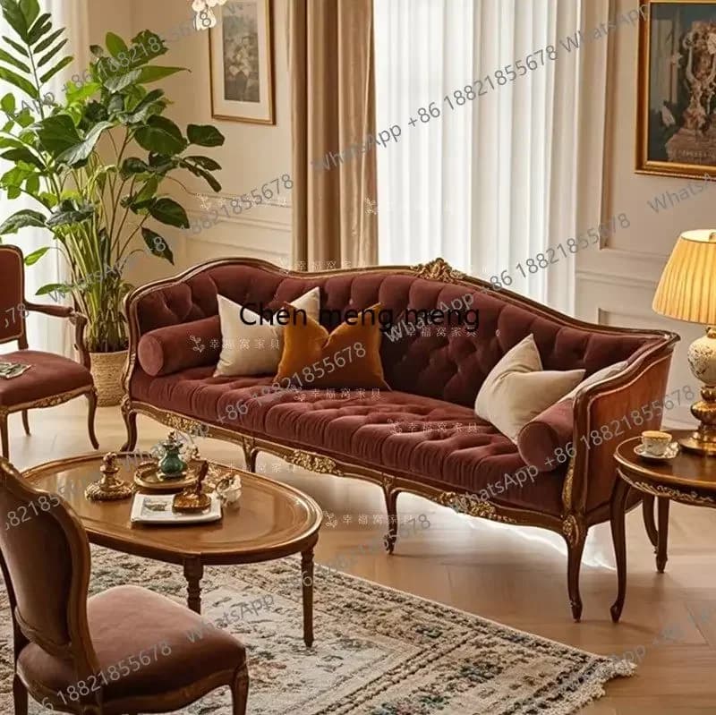 Canapé trois places rétro en bois massif sculpté à la main, style français, avec tissu motif tigre, 