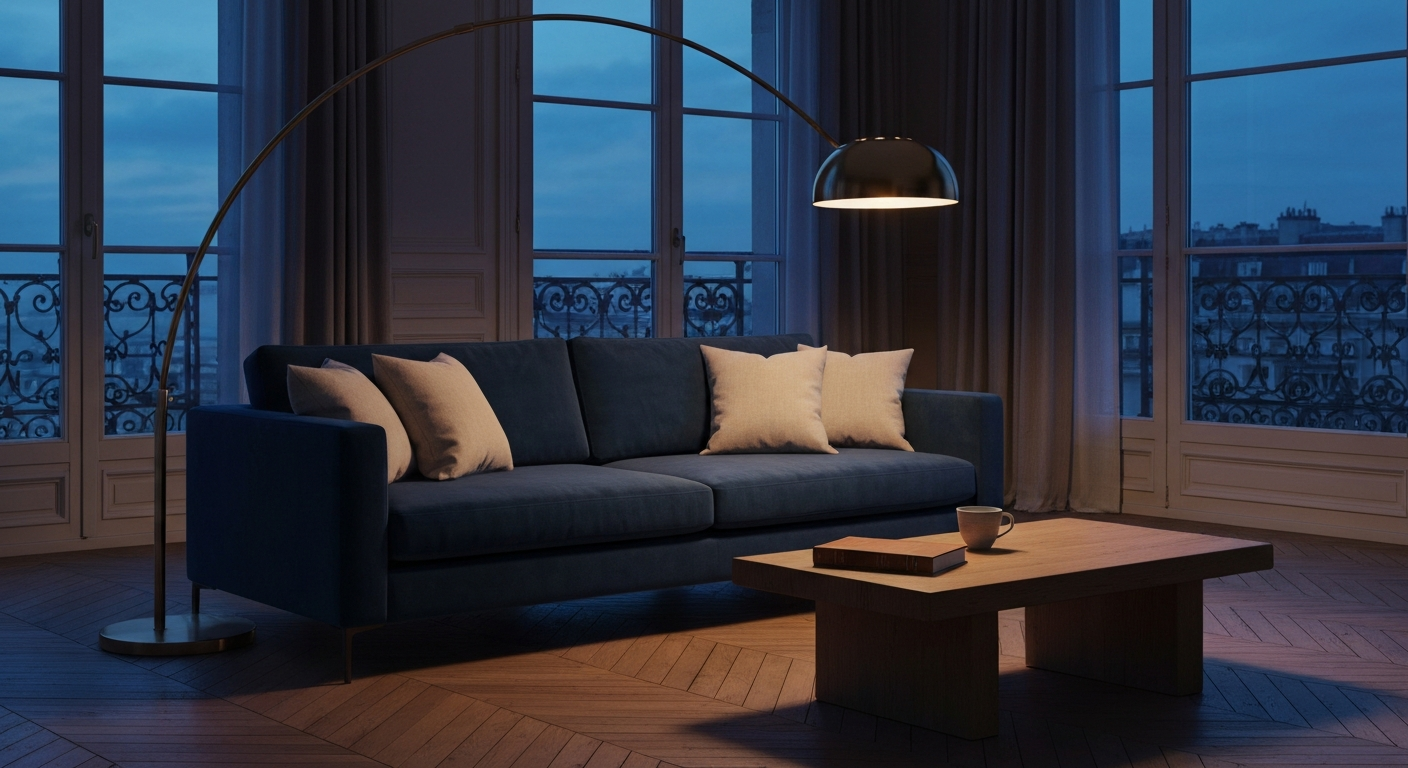 Salon parisien à l'heure bleue, canapé velours ink, lampe en laiton, lumière dorée à la fenêtre