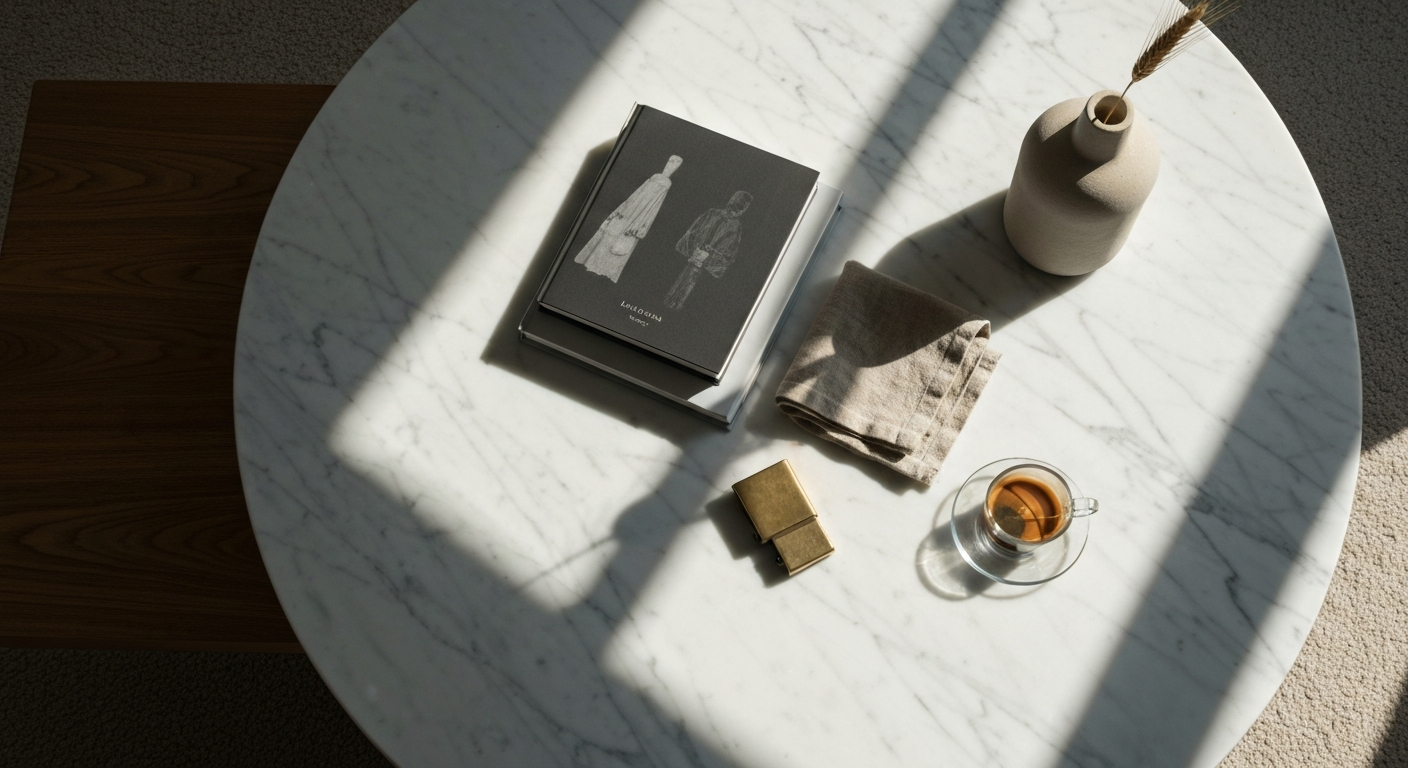Table basse chêne et marbre à midi, lumière diagonale, livres et café
