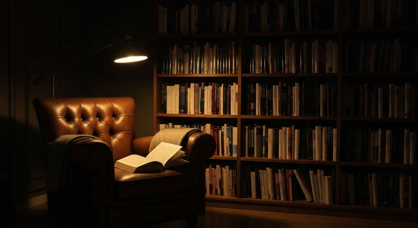 Fauteuil en cuir devant une bibliothèque en noyer, liseuse en laiton allumée