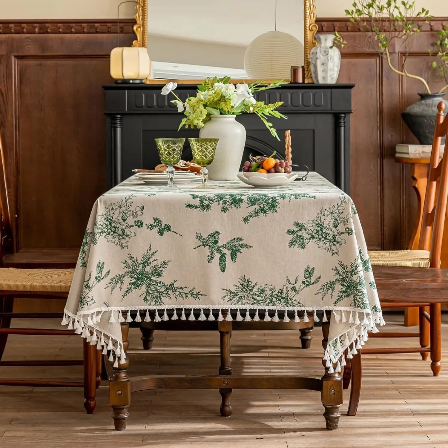 Nappe carrée vintage en coton et lin avec pompons cousus, couverture de table en tissu lavable pour