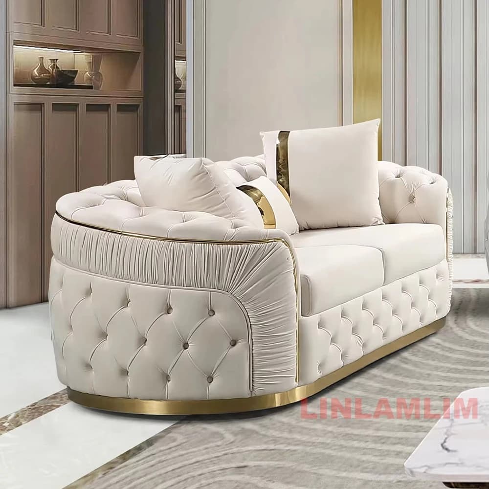 Ensemble de canapés modulaires Chesterfield MANBAS 3+2+2 places avec boutons en tissu et base en acier inoxydable doré