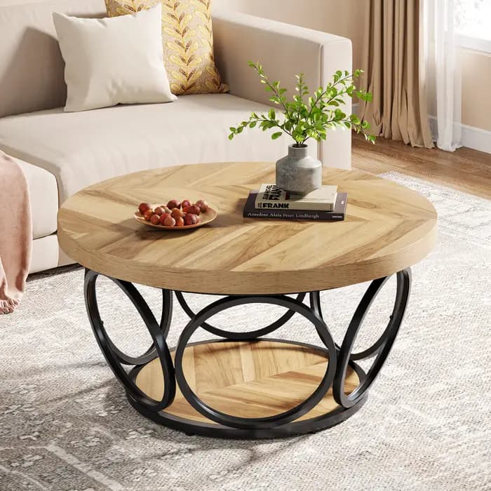 Tribesigns-Table basse ronde industrielle à 2 niveaux avec étagères de rangement