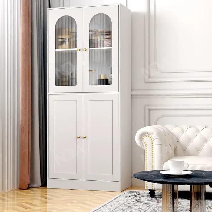 Blanc 4 portes salon affichage armoire de rangement cannelé porte en verre bibliothèque 1.8m étagère en bois moderne meubles de maison armoires