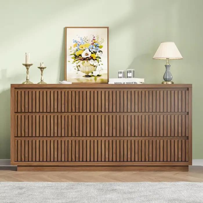 Commode à 9 tiroirs à nervures, grande commode de style mid-century pour chambre à coucher, 58 pouce