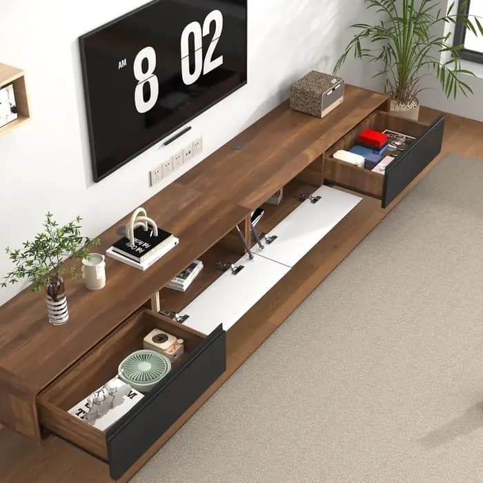 Meuble TV flottant 94,5 pouces, console multimédia avec 2 tiroirs, fixation murale, pour salon, en n