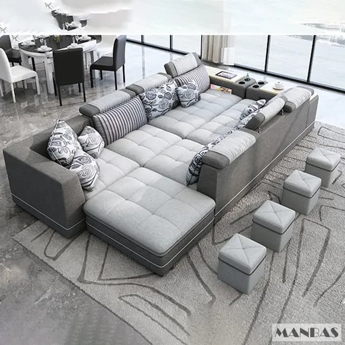 Canapé en tissu moderne en forme de U avec tabourets