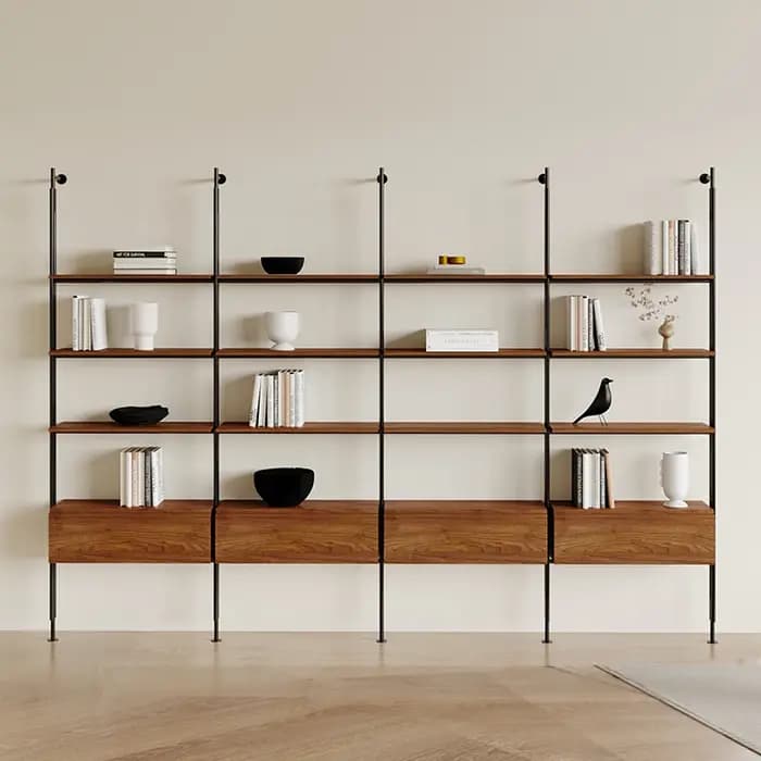 Bibliothèque minimaliste crème, bibliothèque de salon, du sol au plafond, multi-niveaux, en fer forg