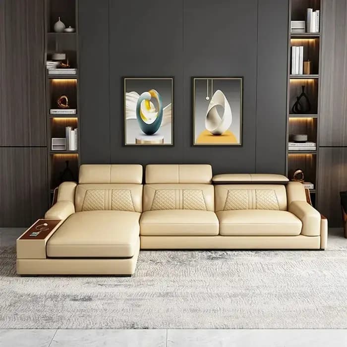 Canapé italien élégant en cuir véritable pour le salon avec porte-gobelet, USB, appui-tête réglables