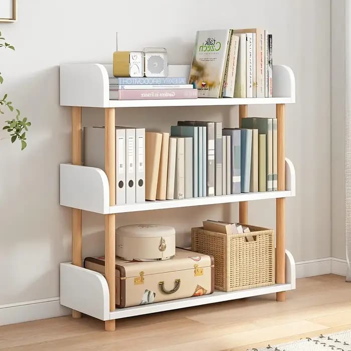 Bibliothèque ouverte en bois – Bibliothèque d'exposition moderne avec bord supérieur et cadre en boi