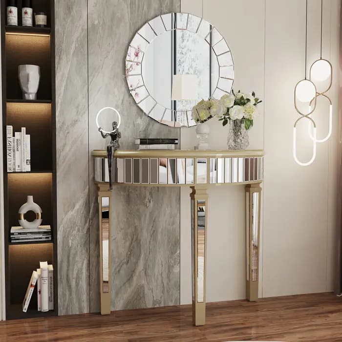 Table console miroir demi-lune pour entrée et salon, coiffeuse de maquillage pour couloir argenté, m
