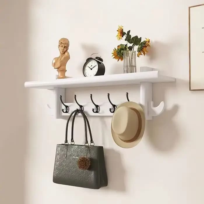 Porte-manteau mural en bois massif, organisateur d'entrée rustique avec étagère et crochets, Solutio