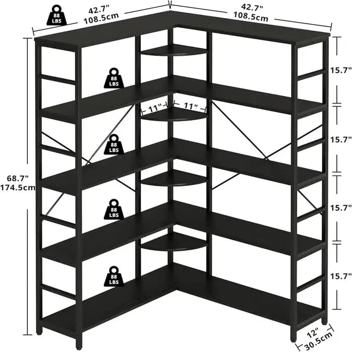 IRONCK Bibliothèques et étagères industrielles, bibliothèque d'angle à 5 niveaux avec panneaux incur