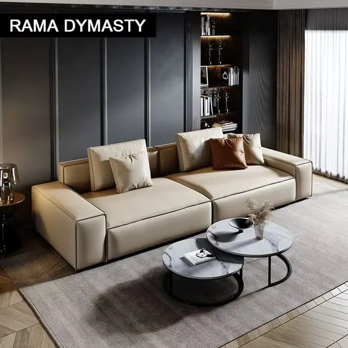 Canapé moderne rembourré en cuir véritable beige à 3 places avec oreillers