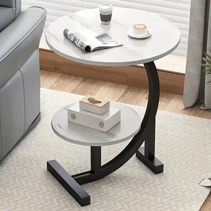Table basse ronde de luxe en bois massif – Table d'appoint moderne à deux niveaux (plateau effet mar
