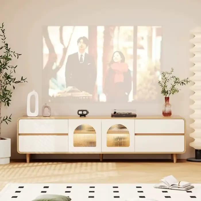 Meuble TV en bois massif blanc pour salon