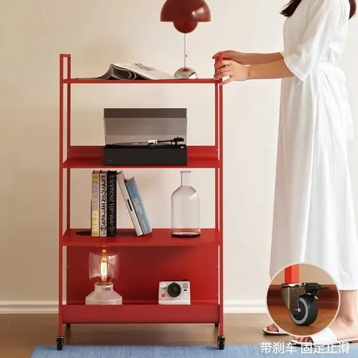 Bibliothèque de sol minimaliste rouge, organisateur de rangement moderne à 4 niveaux pour salon, pré