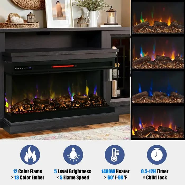 Meuble TV électrique LED 75 pouces avec foyer, console haute, verre 3 faces, flamme réglable, centre