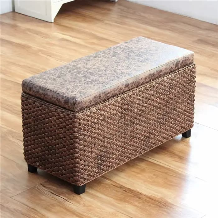 Banc ottoman en bois massif rembourré, tissage en rotin, pour couloir, entrée, avec organisateur sou