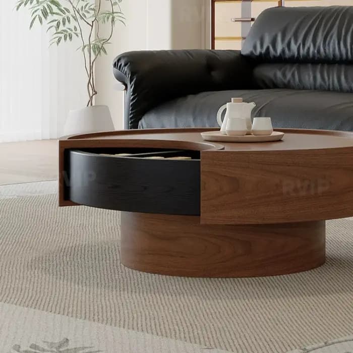 Table d'appoint ronde vintage en bois massif avec rangement