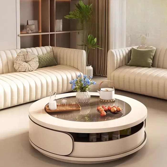 Tables basses rondes modernes tiroirs en verre