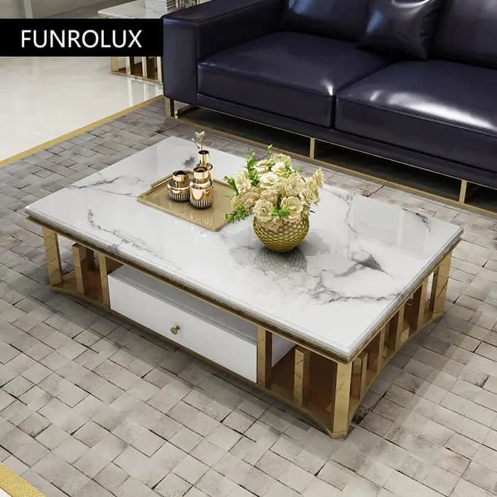 Table basse rectangulaire en marbre et acier inoxydable
