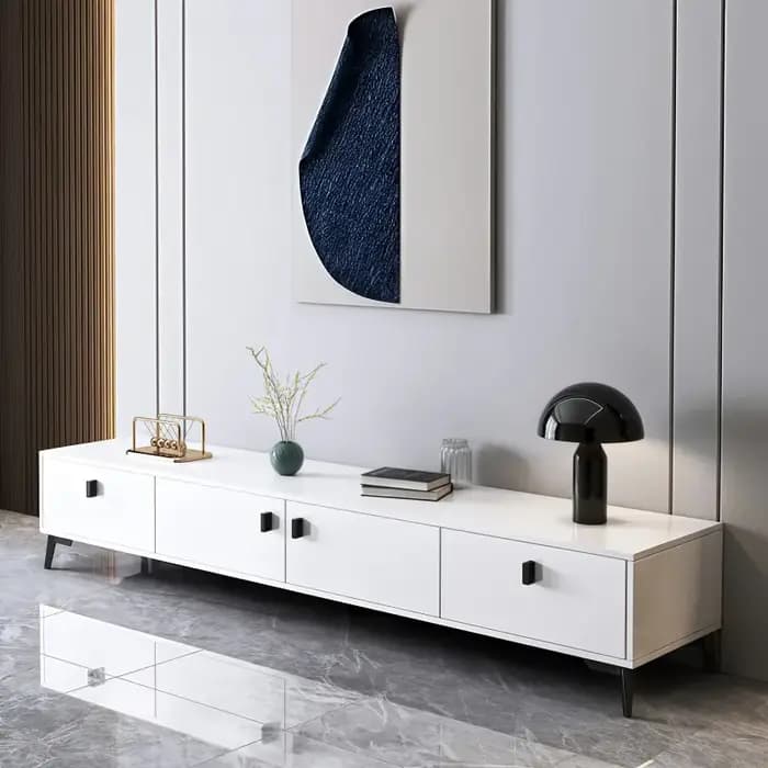 Meuble TV de luxe moderne, centre de divertissement brillant, console multimédia à panneaux en bois,