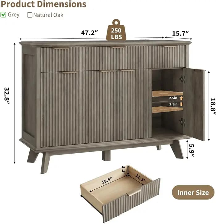 Buffet latéral cannelé QUW avec station de charge, armoire de rangement de cuisine de 47,2 pouces av
