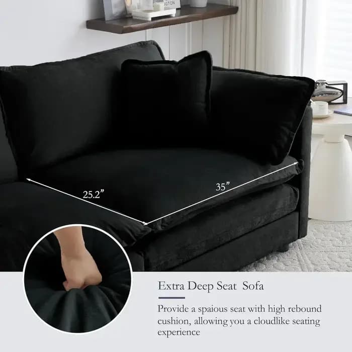 grand canapé sectionnel moderne en chenille en forme de U à 6 places en noir pour un salon confortab