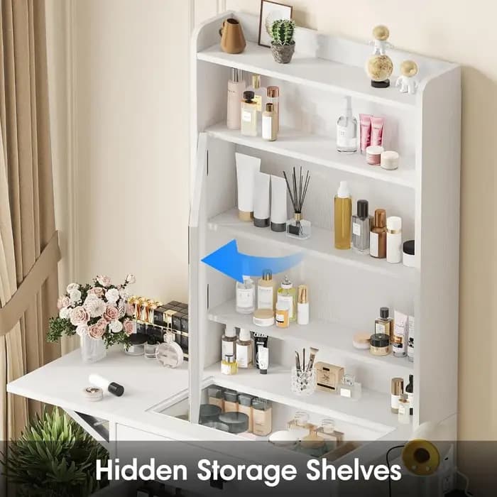 Petit bureau de maquillage avec miroir éclairé réglable à 3 niveaux, ensemble de coiffeuse blanc ave