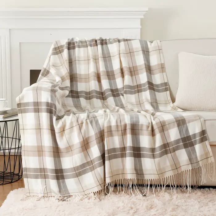 Plaid Battilo pour lit et canapé, beige, léger, couverture en cachemire avec pompons, couverture tri