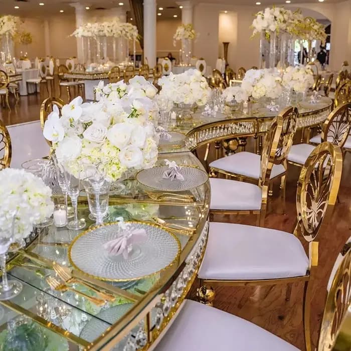 Table à manger de mariage de luxe en acier inoxydable doré | Table de banquet d'événements à plate
