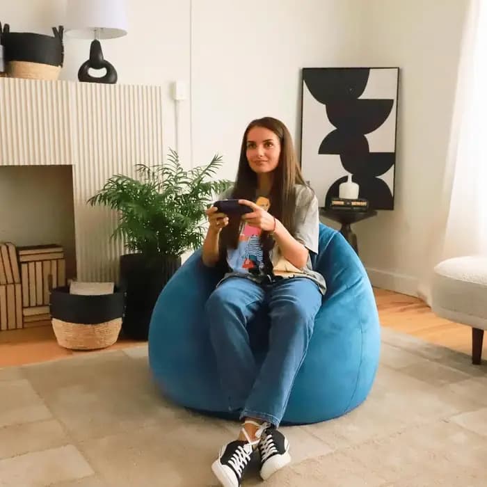 Fauteuil pouf en forme de larme ultra doux, double couture, facile à nettoyer, en velours bleu, remb