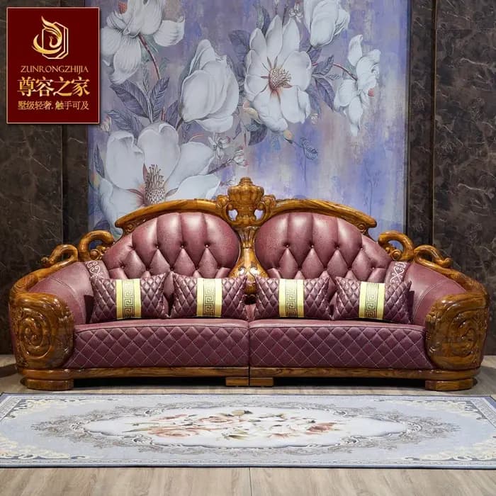 Canapé de luxe européen en cuir véritable sculpté