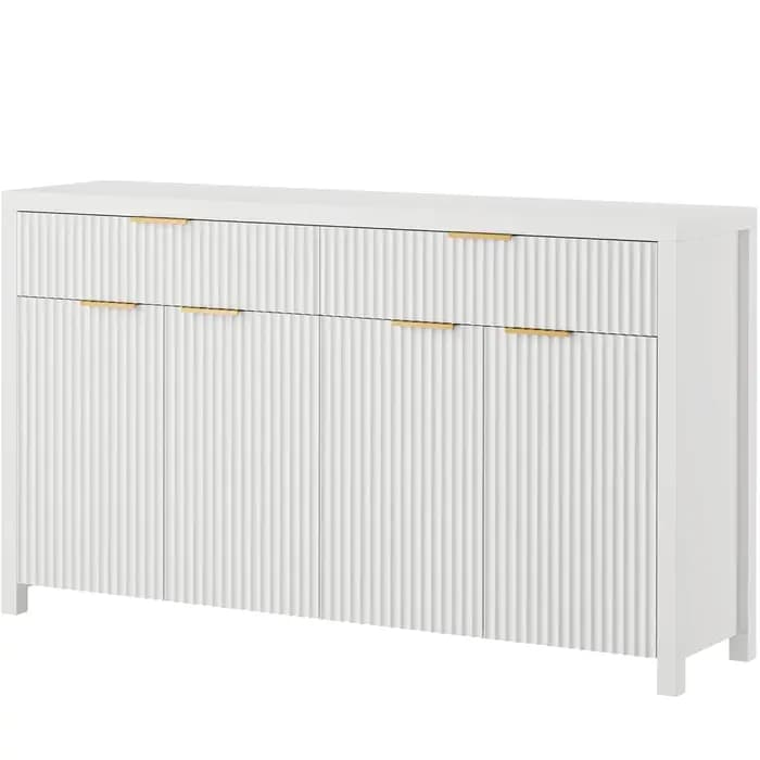 Buffet blanc cannelé avec rangement, 55 pouces, grand meuble de rangement en bois avec étagères régl