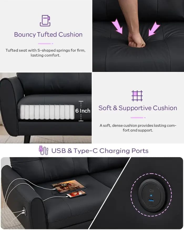 Canapé d'angle en cuir 3 places en forme de L de 89 pouces avec ports de charge USB et Type-C, siège