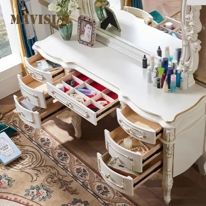 Coiffeuse dorée de luxe avec grand miroir, sculptée avec raffinement, style européen, pour chambre à