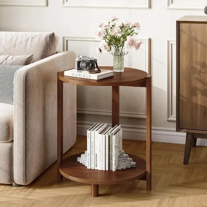 Table d'appoint en bois massif pour salon, petite table ronde avec rangement à 2 niveaux, table de c