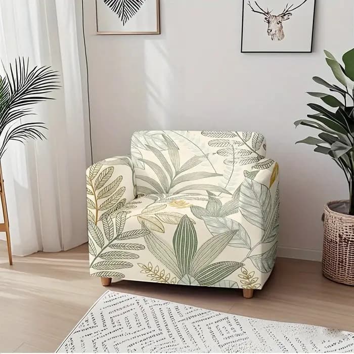Housse de canapé extensible à imprimé feuilles tropicales vert sauge bohème