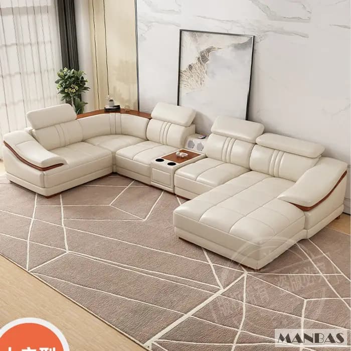 Ensemble de canapé sectionnel élégant en cuir véritable avec porte-gobelets