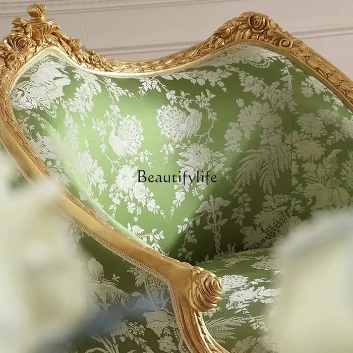 * Canapé français rétro en bois massif sculpté de fleurs, chaise de loisirs en tissu pour villa euro