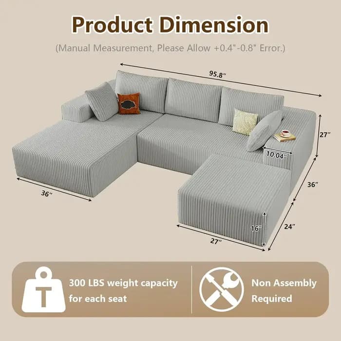 Canapé en U de 96 pouces, canapé modulaire moderne en forme de L avec ottoman, canapés rembourrés en
