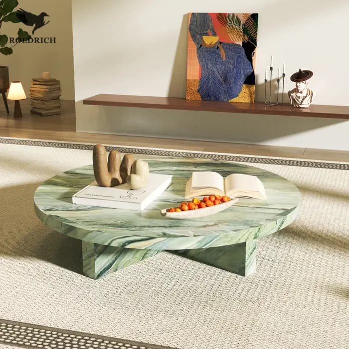 Table basse ronde en marbre vert jade, style rétro ancien, pour salon, appartement, table de luxe en