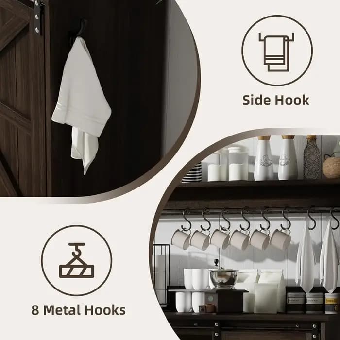 Meuble de bar à café style farmhouse de 55 pouces avec 8 crochets, armoire de cuisine avec rangement