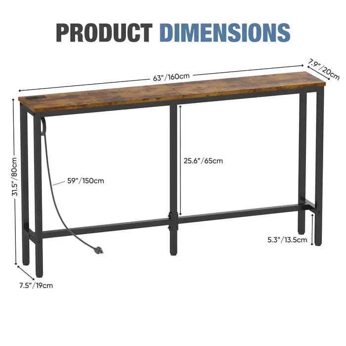 Table de canapé JHK 63IN avec station de charge, bureau de chevet sur lit avec prise, table de lit p