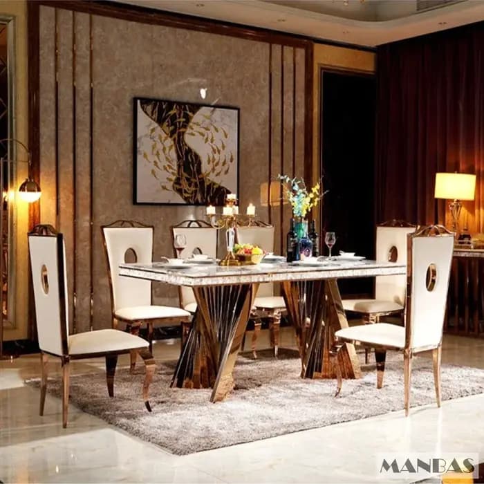 Linlimlam – ensemble de salle à manger de luxe: 6 chaises en cuir véritable en acier inoxydable et T